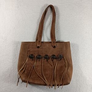 100% Leather Tote Bag Cognac Navajo Conchos Fringe Boho Rustic Western